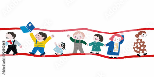 A colorful illustration depicts a line of children and adults holding hands