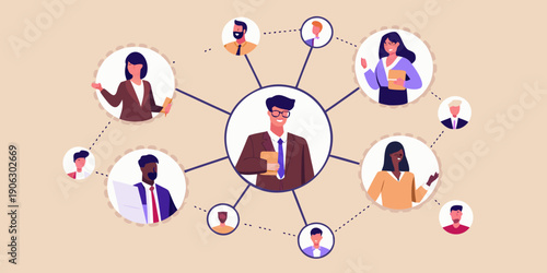 Connected team members illustrated in a network of circular portraits
