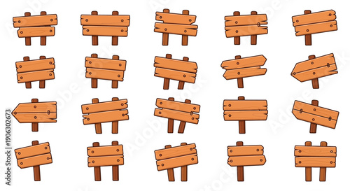 Diverse cartoon wooden signpost collection for game interfaces and digital assets. Blank wood pointers and empty information boards for graphic design.