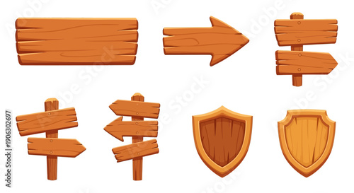 Cartoon-style wooden directional arrow signs, blank information planks, and shield emblems, presented as a versatile graphic asset collection.