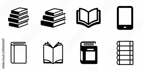 Black and white icons depicting various book and reading related objects