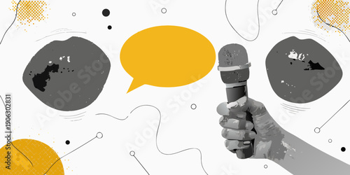 Abstract illustration featuring a hand holding a microphone with speech bubbles