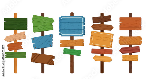 Rustic wooden signposts with blank arrow and rectangular boards, ideal for outdoor direction, path guidance, or web graphic elements.