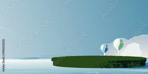 Minimalist landscape with abstract white forms and green ground plane