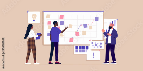 Team collaborating on a project plan using a whiteboard and sticky notes