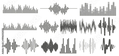 Podcast sound waves. Audio wave forms line, sound wave frequency or voice microphone signals. Music, podcast and broadcast and audio branding design. Sound wave