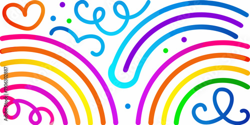 Colorful abstract design featuring rainbow arcs a heart and playful swirls