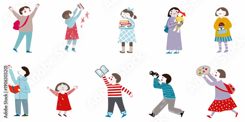 Diverse group of illustrated children engaged in various activities