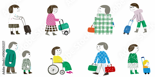 Diverse group of people traveling with luggage and mobility aids
