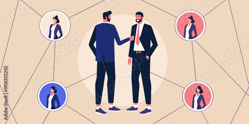 Business professionals shaking hands connected by a network of colleagues