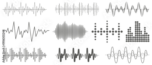 Podcast sound waves. Audio wave forms line, sound wave frequency or voice microphone signals. Music, podcast and broadcast and audio branding design. Sound wave