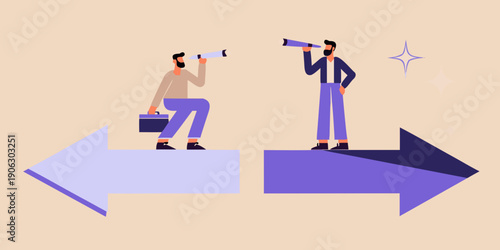 Two figures with binoculars facing opposite directions symbolizing choices