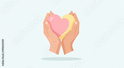 Hands cradling a pink and yellow heart on a light blue background symbolizing love and care