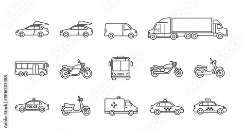 Collection of hand drawn vehicle icons and illustrations.
