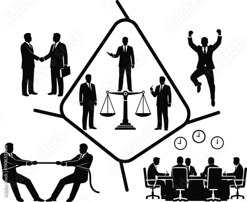 Business and legal concept silhouette set handshake negotiation justice scale teamwork meeting conflict success vector illustration bundle collection