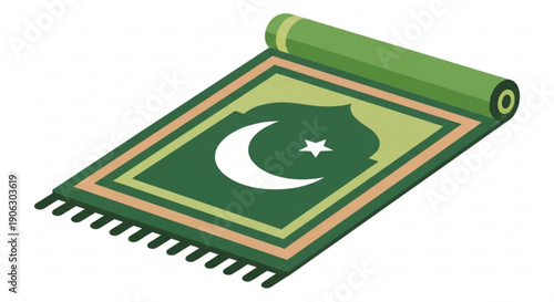Islamic prayer mat with pakistani flag design rolled up on white background