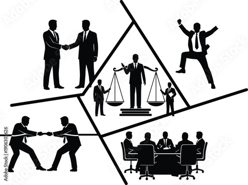 Business concept silhouette set showing handshake negotiation teamwork conflict justice scale meeting success vector illustration collection bundle