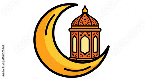 Islamic crescent moon with lantern symbolizing ramadan or eid al fitr celebration on white background