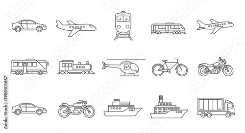 Collection of hand drawn transportation vehicles and modes of travel.
