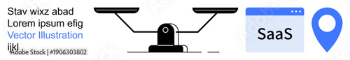 Business tools, data evaluation, software platforms, digital marketing, geolocation, justice system. Balance scale, SaaS icon geolocation pin. Business tools and data evaluation concepts