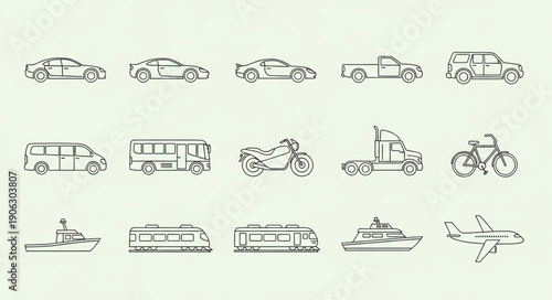 Collection of hand drawn transportation vehicles and modes of travel.