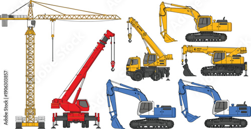 Construction heavy machinery collection with tower crane mobile crane excavators industrial equipment vector illustration engineering vehicle set bundle