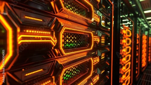 A close-up view of a server room's rows of illuminated computer servers.