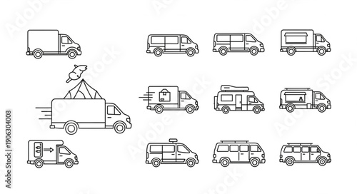 Collection of Hand Drawn Van and Truck Illustrations.