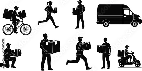 Courier delivery worker silhouette collection parcel logistics shipping transport by bike van scooter vector illustration service bundle set