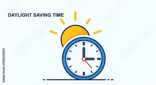 Daylight saving time concept with clock and rising sun illustration