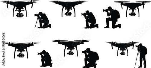 Drone aerial photography silhouette set with photographer videographer shooting camera quadcopter technology vector illustration collection bundle