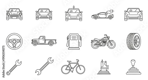 Collection of hand drawn vehicle and automotive icons.