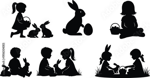 Easter bunny and kids egg hunt silhouette set children spring holiday basket rabbit vector illustration collection bundle scene
