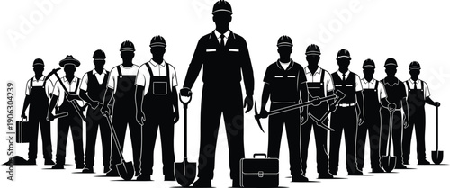 Silhouette of a group of uniformed men with a leader in a suit