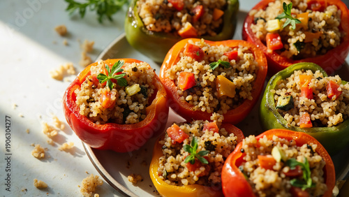 Photorealistic flat lay photograph of baked stuffed bell peppers filled with quinoa and vegetables.