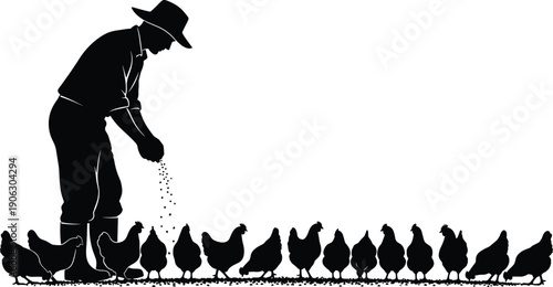 Farmer feeding chickens silhouette poultry farming rural agriculture livestock care barnyard vector illustration concept scene