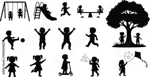 Kids playground silhouette set with children playing park activities swing slide scooter vector illustration bundle collection outdoor fun