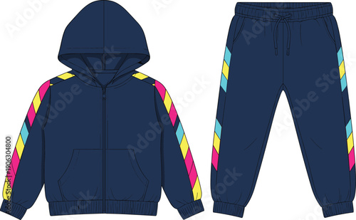 Kids tracksuit set hoodie and jogger pants sportswear apparel vector illustration children clothing fashion mockup design template bundle