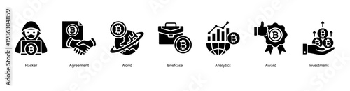 Global Investment web banner vector illustration featuring Hacker, Agreement, World, Briefcase, Analytics, Award, and Investment.