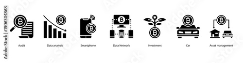 Data Management web banner vector illustration featuring Audit, Data analysis, Smartphone, Data Network, Investment, Car, and Asset management.