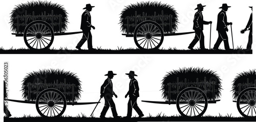 Rural farmers transporting hay wagon silhouette countryside agriculture harvest work vector illustration traditional farm transport scene collection set