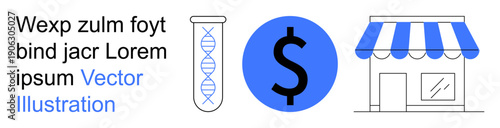 Science, business, economy, retail, biotechnology, financial integration. A DNA strand in a test tube, a blue dollar symbol and a storefront icon. Science and business explored