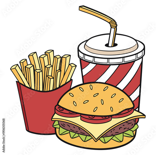 Cartoon vector illustration set of fast food icons featuring a hamburger meal with fries, pizza, and a cola drink for a snack menu