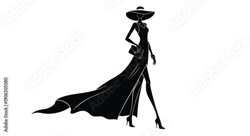 Elegant fashion woman in a long flowing dress with hat and handbag black and white vector