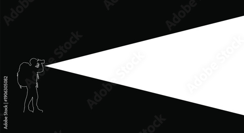 Hiker with backpack and binoculars exploring with a bright light beam black and white vector