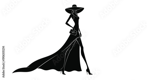 Silhouette of elegant woman in long flowing dress and hat walking on white background fashion glamour