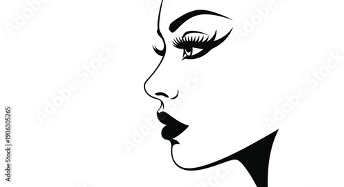 Minimalist woman profile line art with dramatic makeup and thick eyelashes on white background
