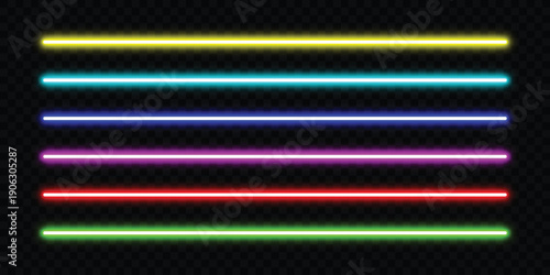 Horizontal rainbow neon tube lights, A vibrant vector illustration featuring colorful glowing lines, perfect for modern designs, music visuals, and futuristic themes.
