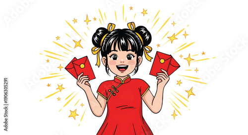 Joyful Asian Girl Celebrating Lunar New Year with Lucky Money