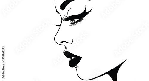 Stunning side profile line drawing of woman with heavy mascara and glamorous bold lipstick art